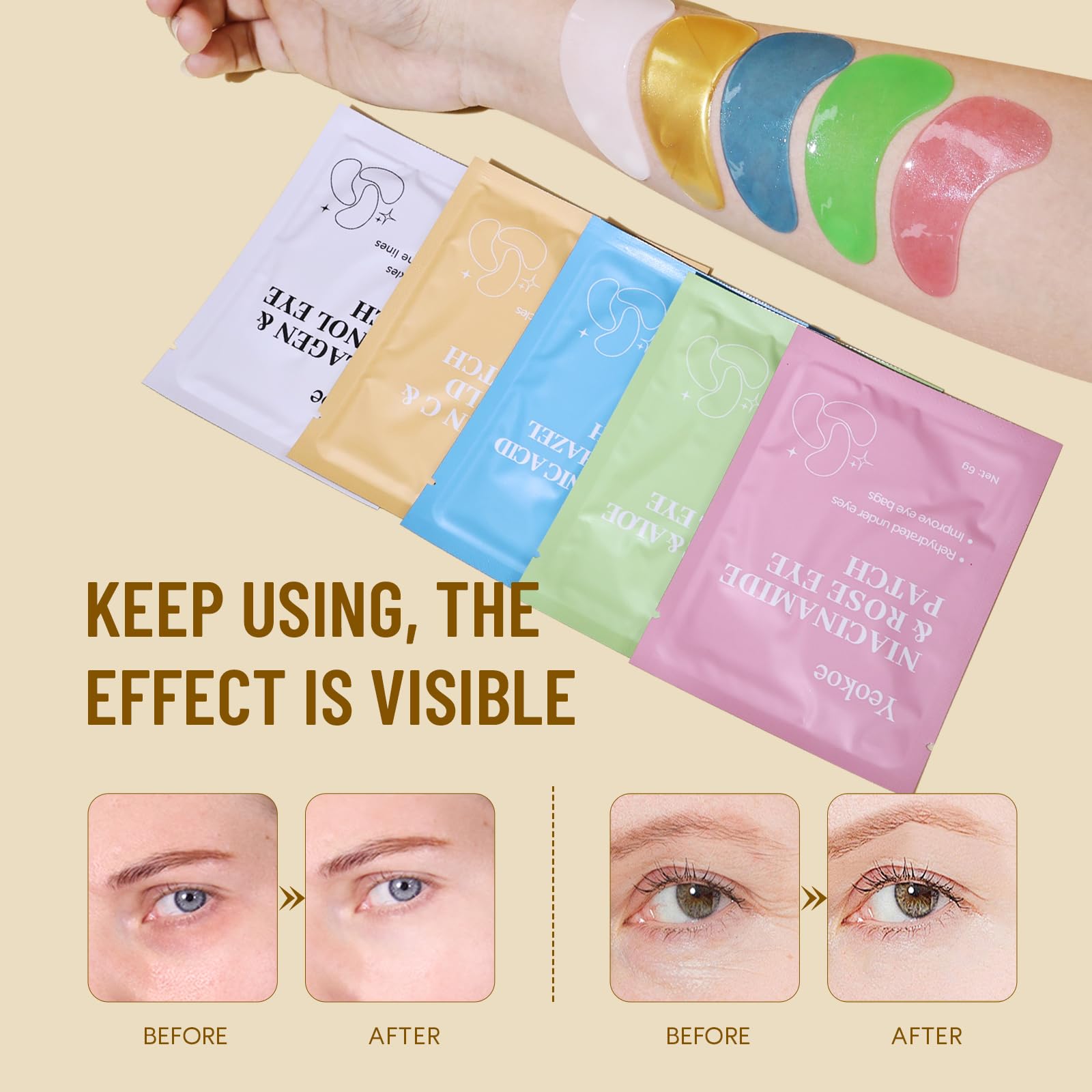 Vitamin C and Hyaluronic Acid hydrogel eye patches for brightening dark circles.