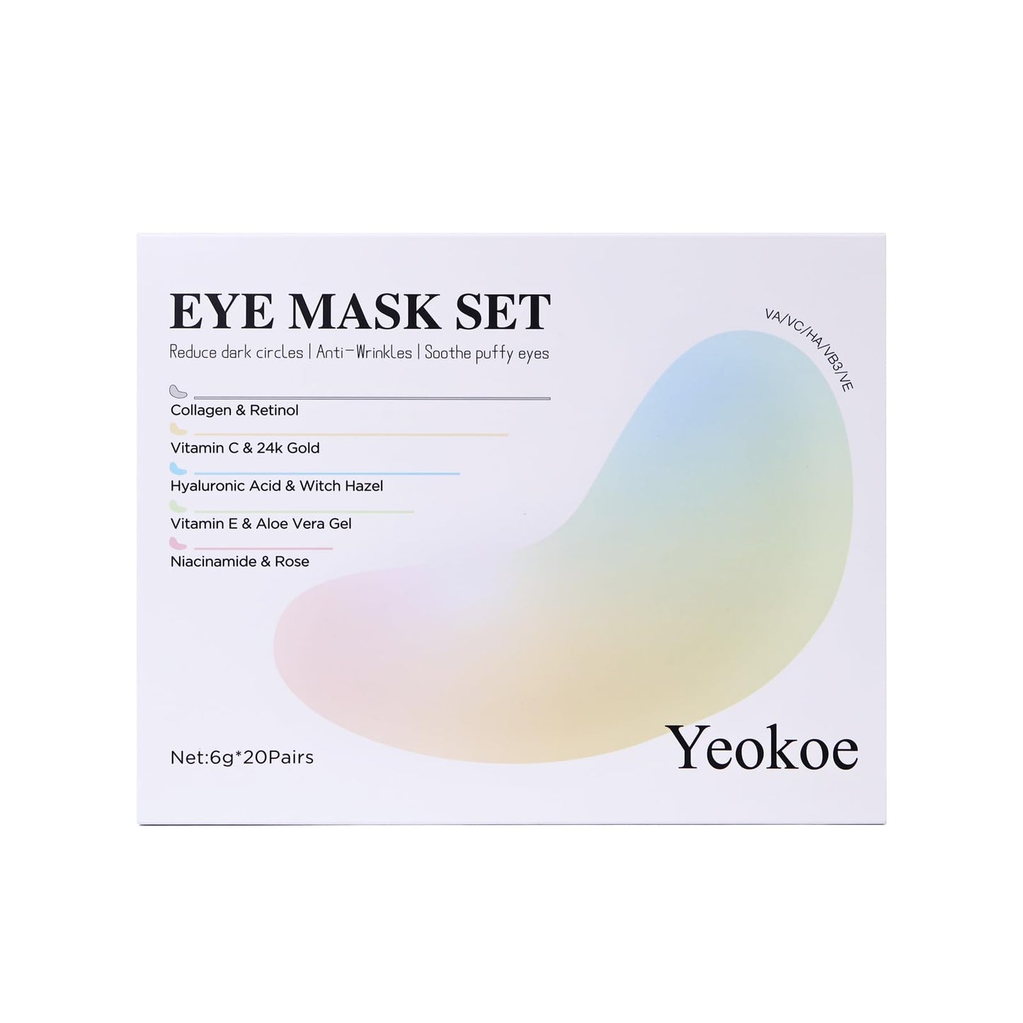 Niacinamide infused eye masks highlighting hyperpigmentation and inflammation reduction features.