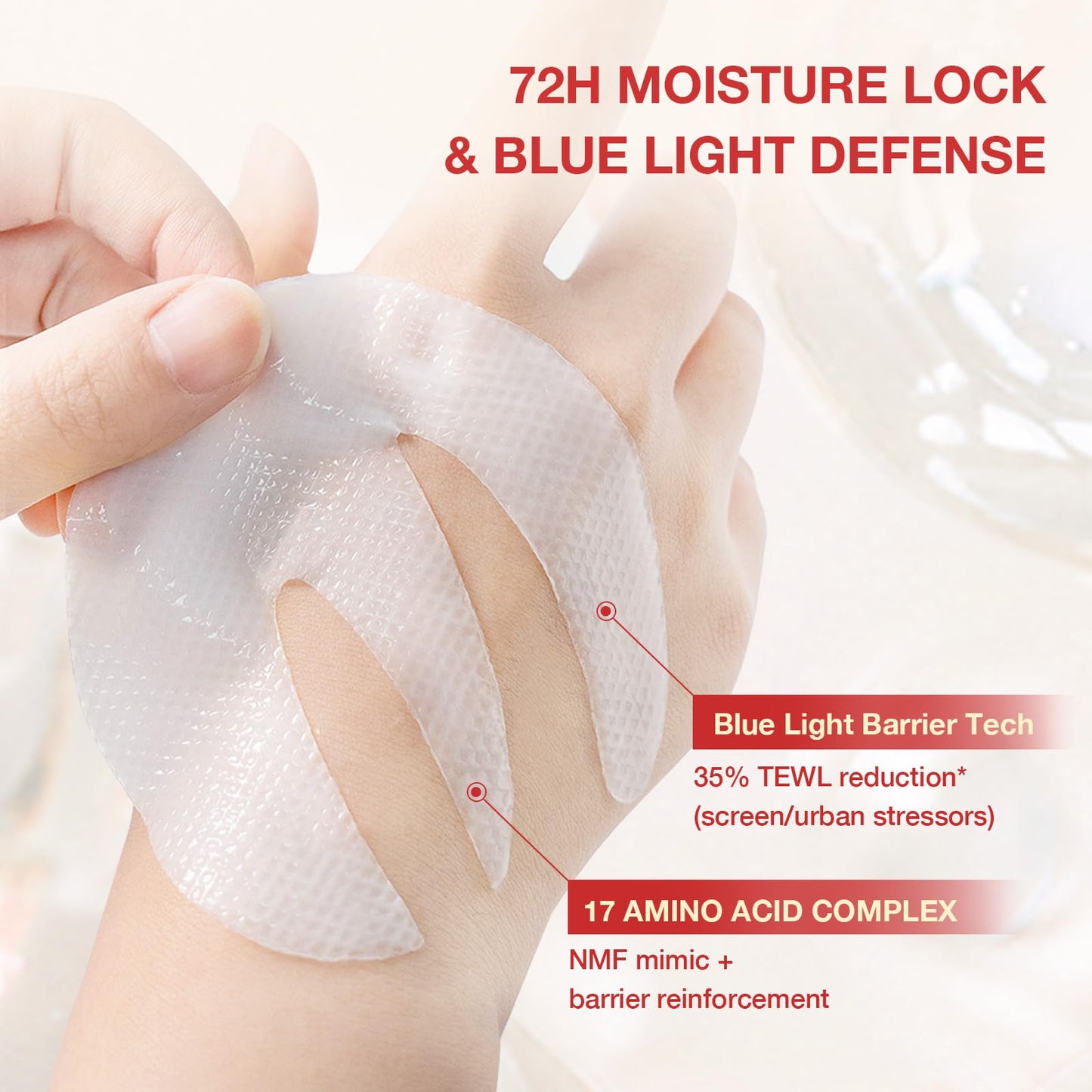 Demonstration of the translucent transformation of GONIM eye patches after application on skin.