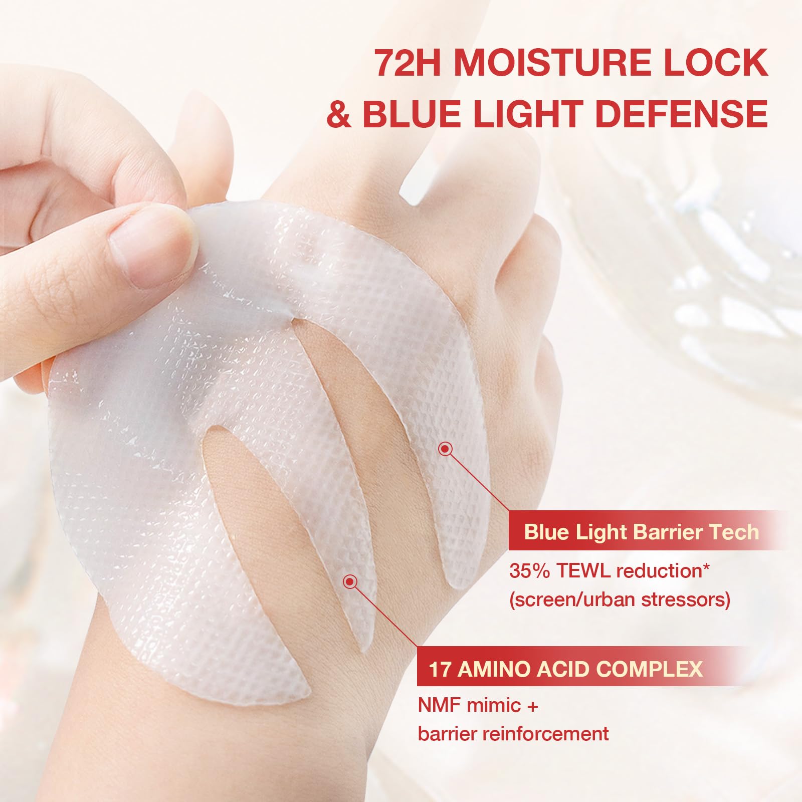 Demonstration of the translucent transformation of GONIM eye patches after application on skin.