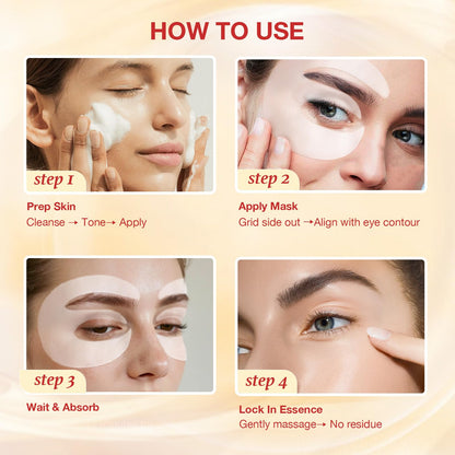 Back label of the GONIM eye mask box detailing the usage instructions and full ingredient list.