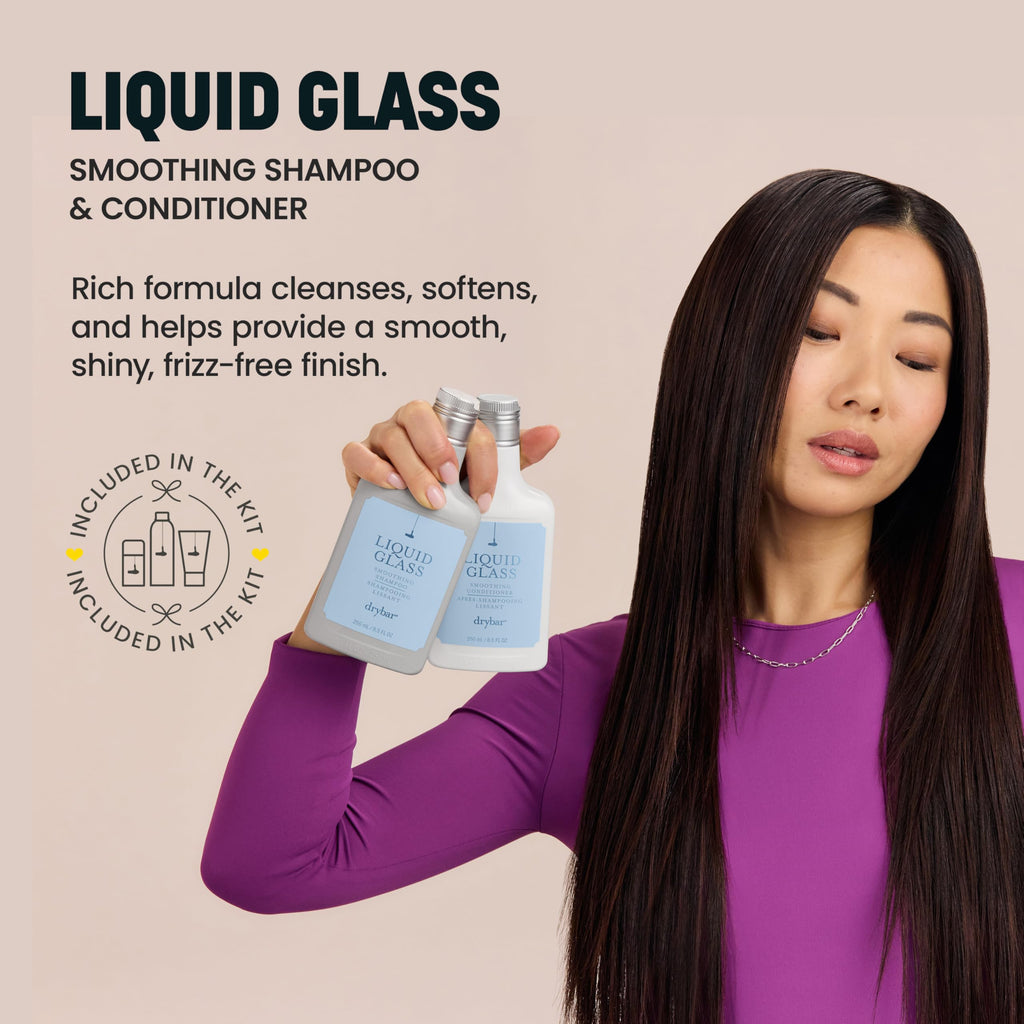 Drybar House Of Blowouts Starter Kit featuring travel size Liquid Glass smoothing shampoo and conditioner bottles