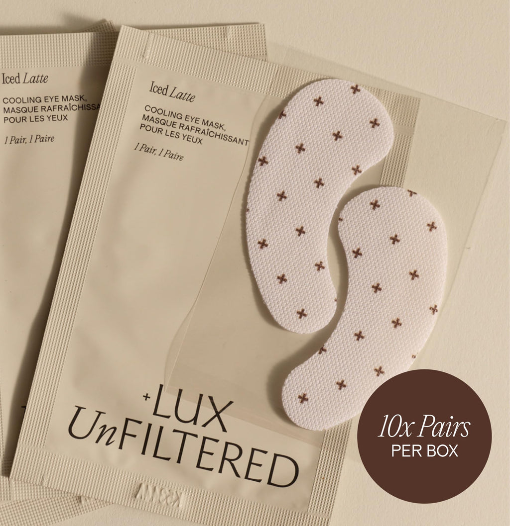 + Lux Unfiltered Iced Latte Cooling Under Eye Patches ingredient and back label