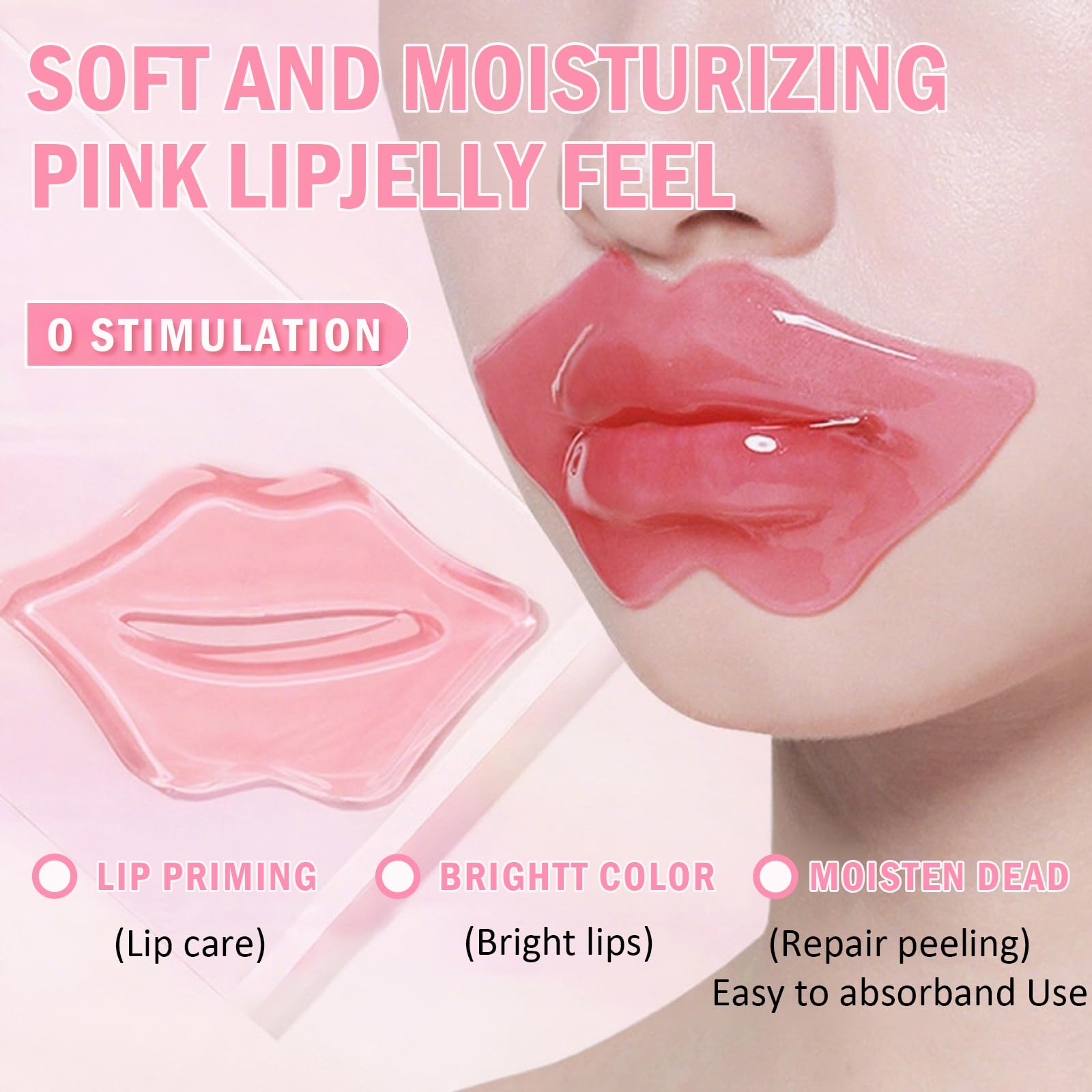 Close up view of the pink collagen-infused hydrogel lip patch for smoothing fine lines.