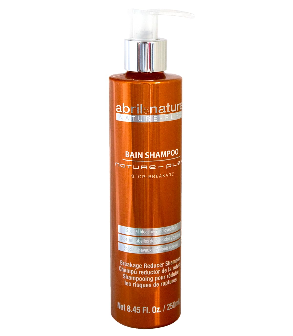 Nature plex shampoo bottle with silver cap and label detail