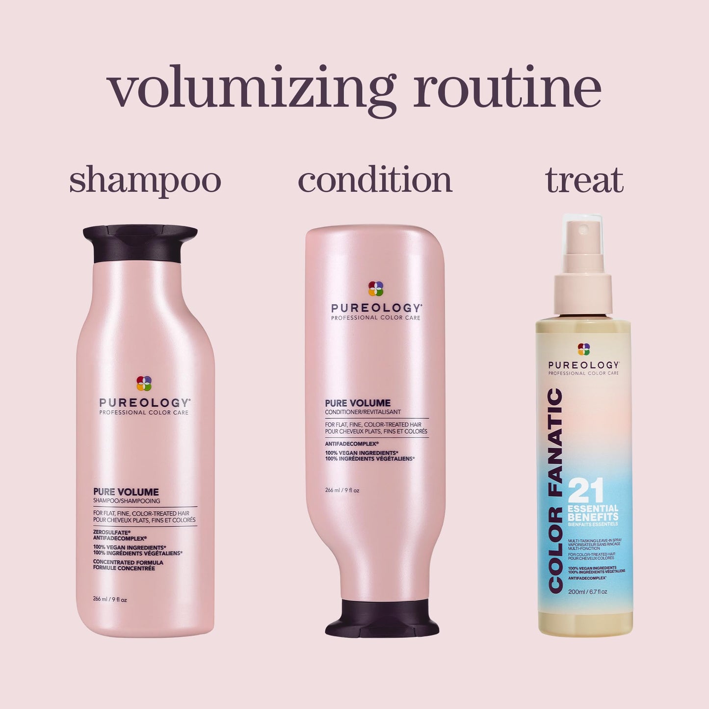 Detailed view of Pureology volumizing hair kit branding