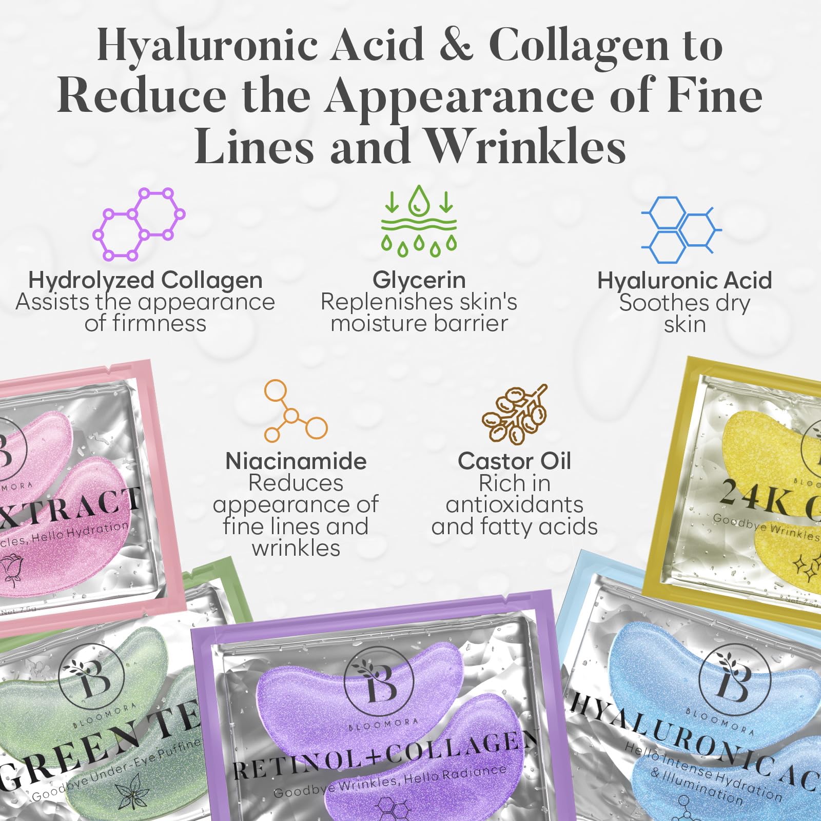 Bloomora hydrogel eye patches for dark circles showcased with five distinct product ingredient variants.