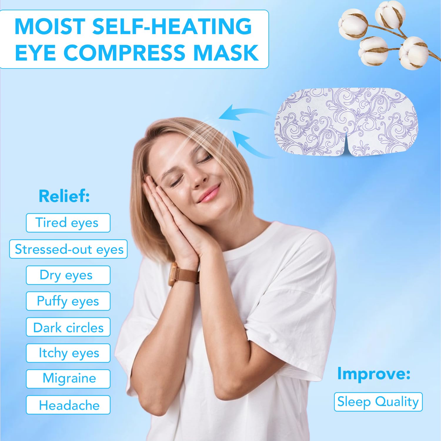 Self heated warm disposable compress sheet mask showing the flexible ear hooks
