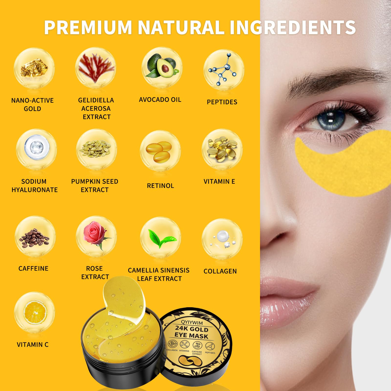 70 pieces of gold eye gel pads showing luxury skincare ingredients