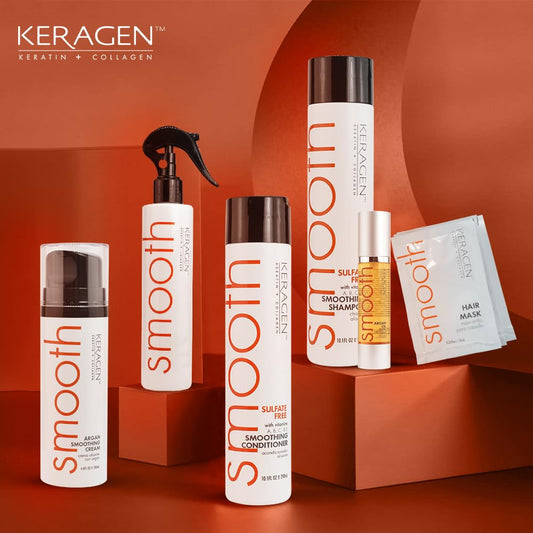 Keragen professional smoothing shampoo and conditioner bottles from the imported after-care system highlighting sleek packaging.