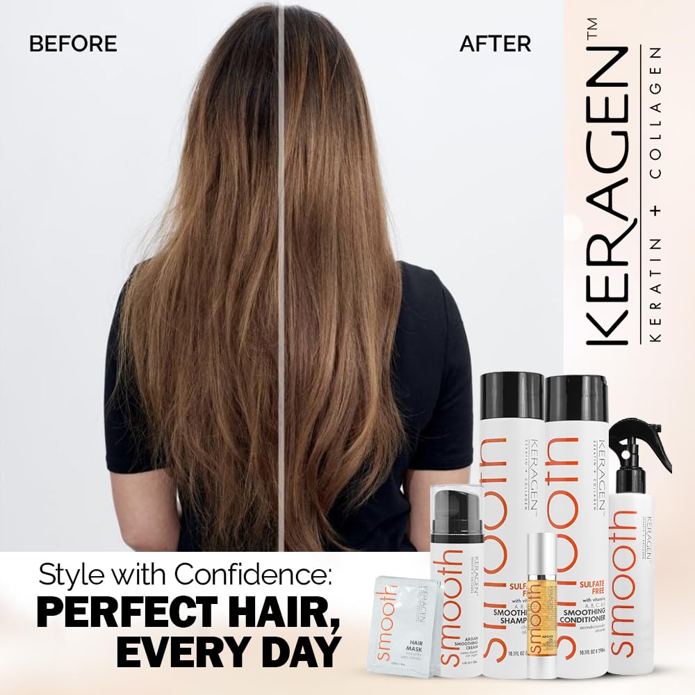 Full layout of the Keragen six piece synergistic hair repair kit demonstrating a complete salon-like smoothing routine.