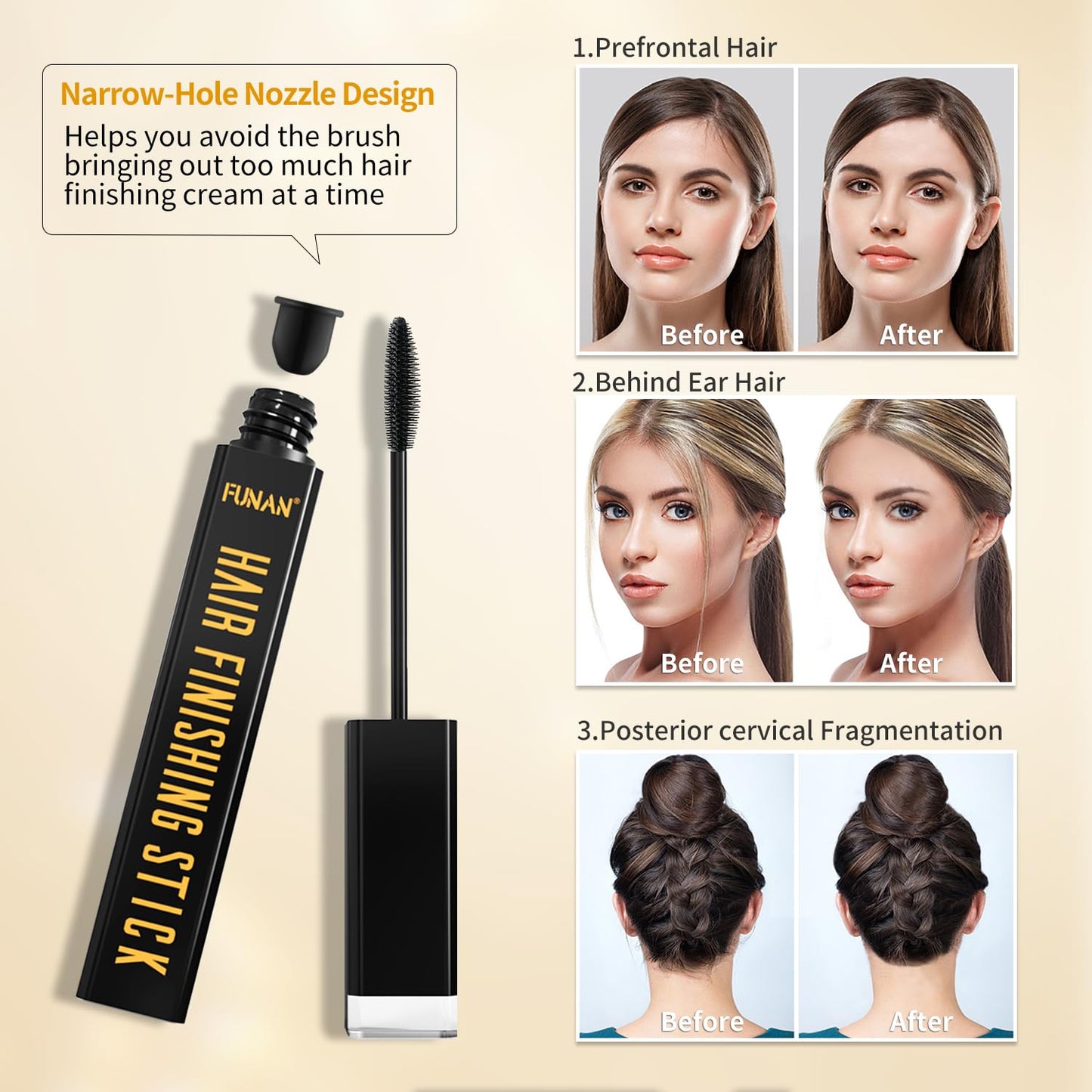 SUOFEIYA clear hair finishing stick showing the internal applicator brush for flyaway taming