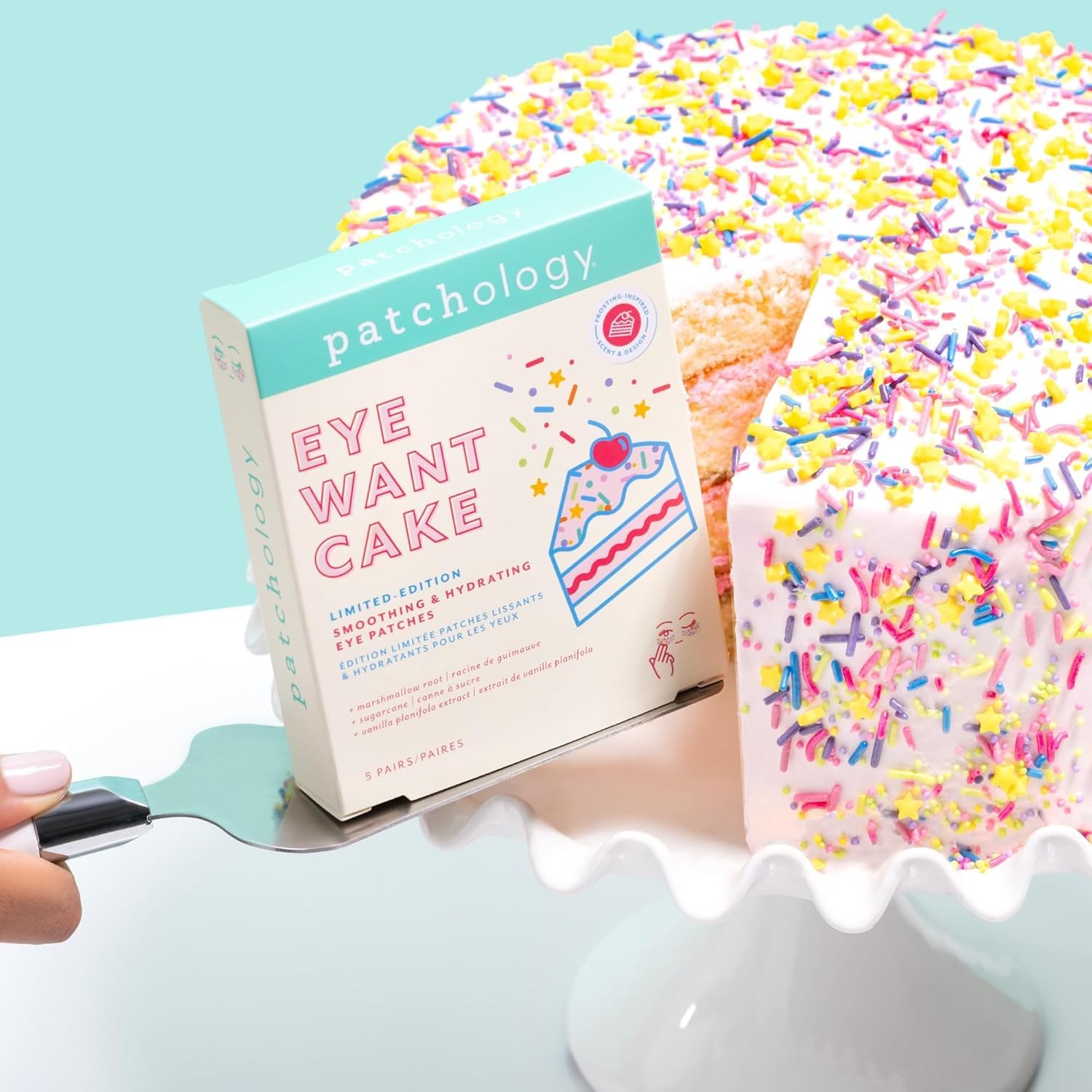 Patchology birthday cake inspired under eye masks with sprinkle pattern design