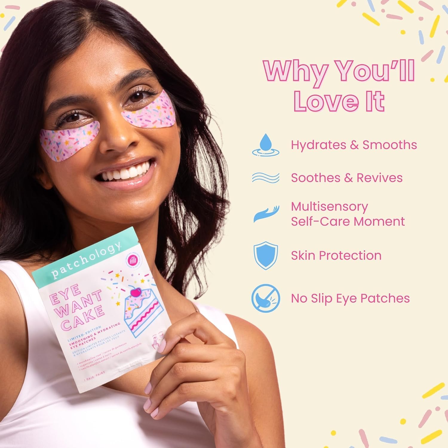 Patchology Eye Want Cake eye gels showing the marshmallow root and sugarcane formula