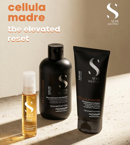 Alfaparf Milano Cellula Madre dry hair renewal set with twelve elixir vials and a nourishing multiplier bottle.