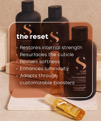 Alfaparf Milano professional hair care set showing the mixing components for color protection and shine enhancement.