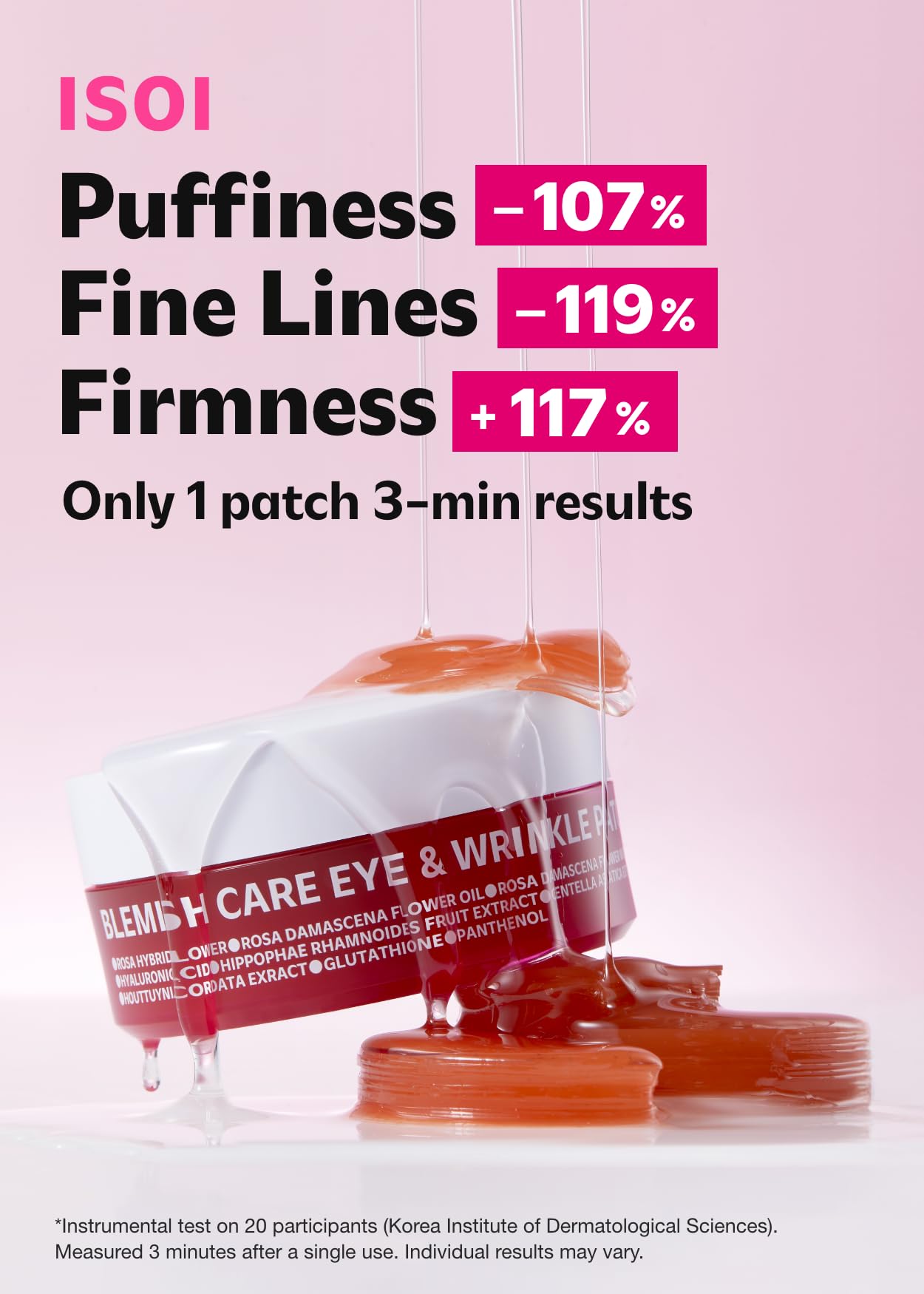 ISOI hydrogel eye masks container opened showing vegan rose oil patches inside