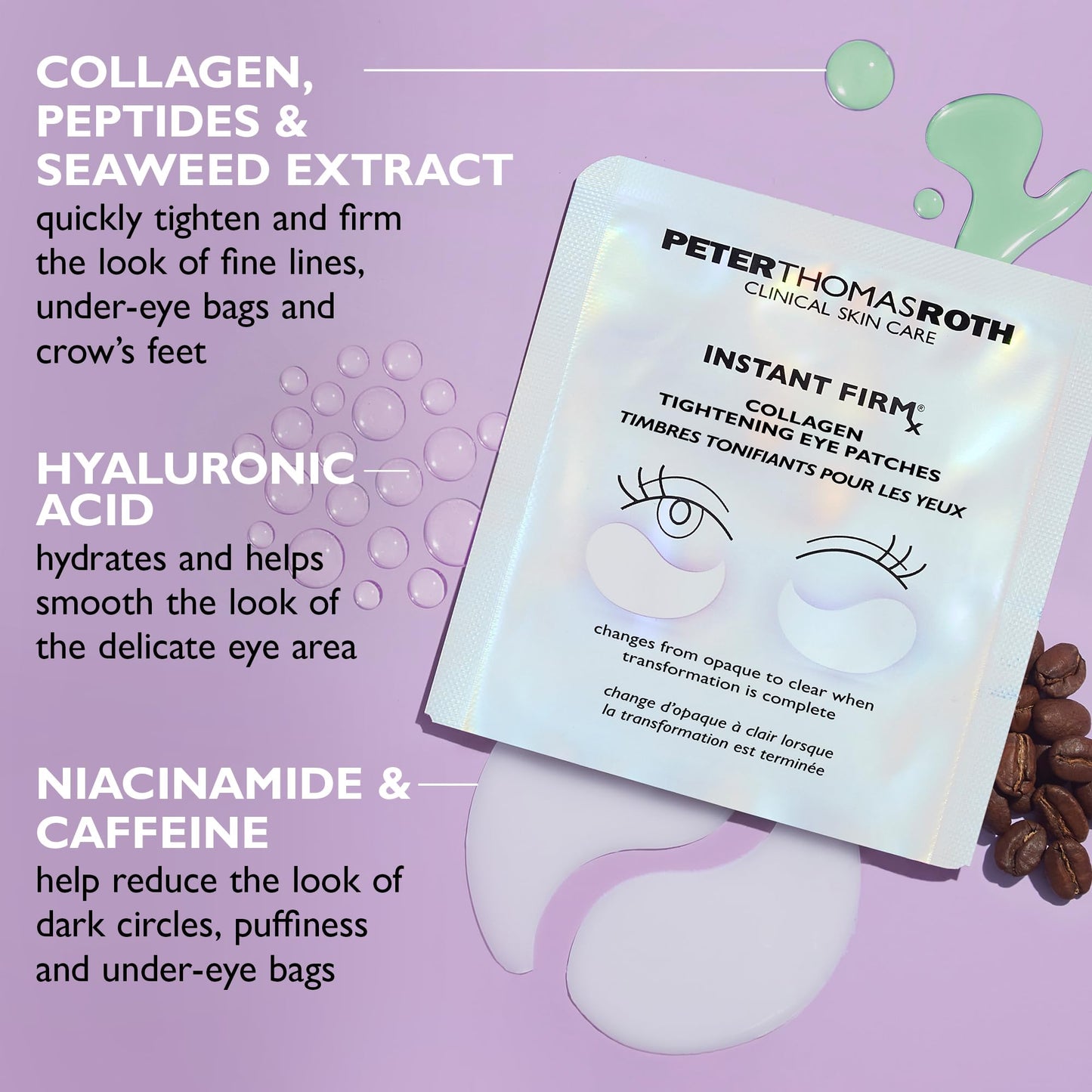 Open jar of Peter Thomas Roth Instant FIRMx eye patches highlighting the wet formula enriched with peptides and caffeine.