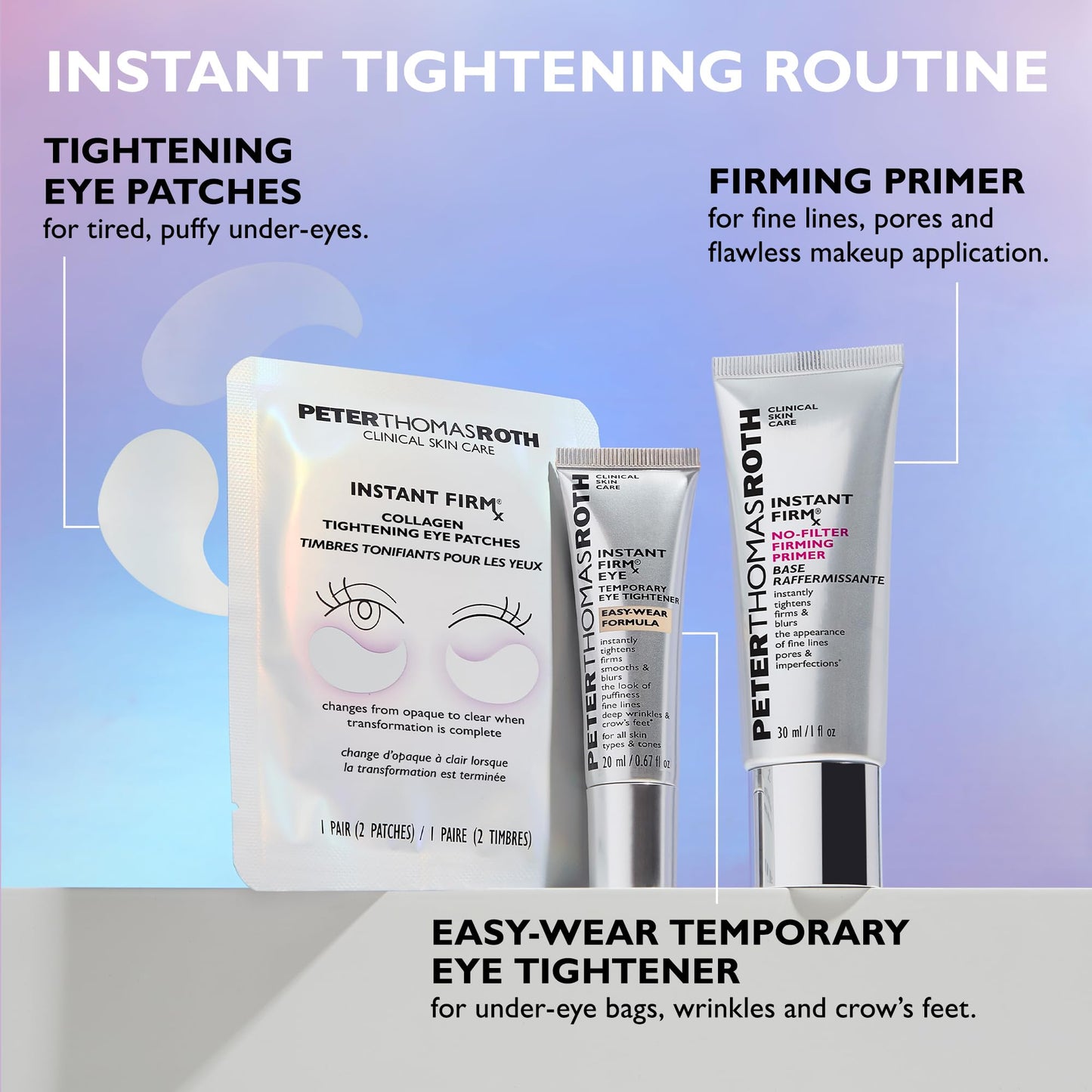 Side view of Peter Thomas Roth collagen tightening eye patches box featuring clinical strength benefits.