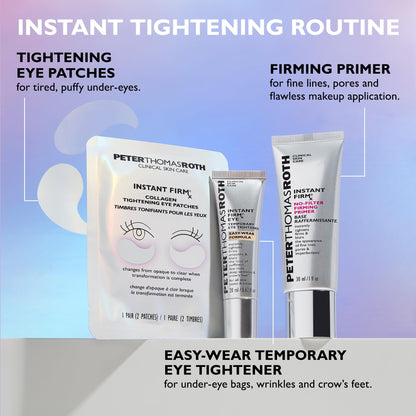 Side view of Peter Thomas Roth collagen tightening eye patches box featuring clinical strength benefits.