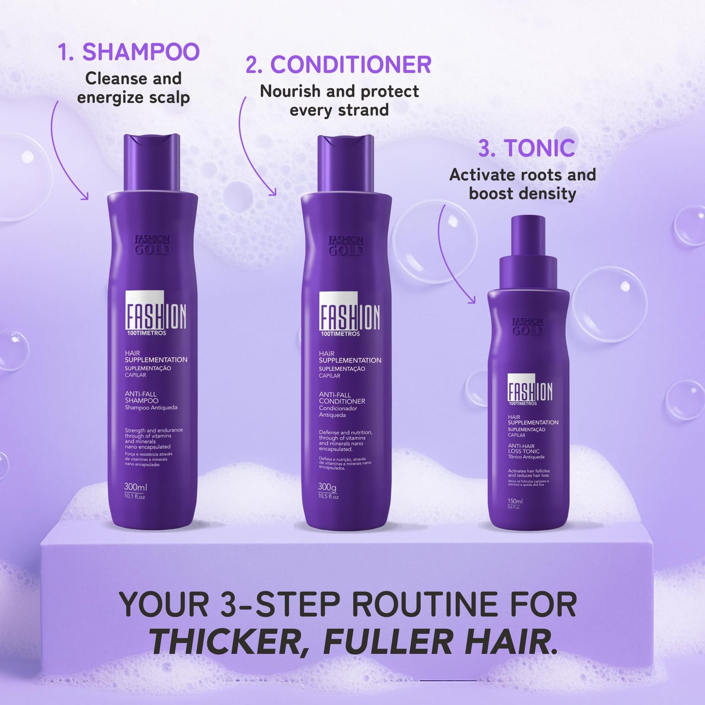 Texture shot of the anti shedding shampoo and conditioner from the Fashion Gold range