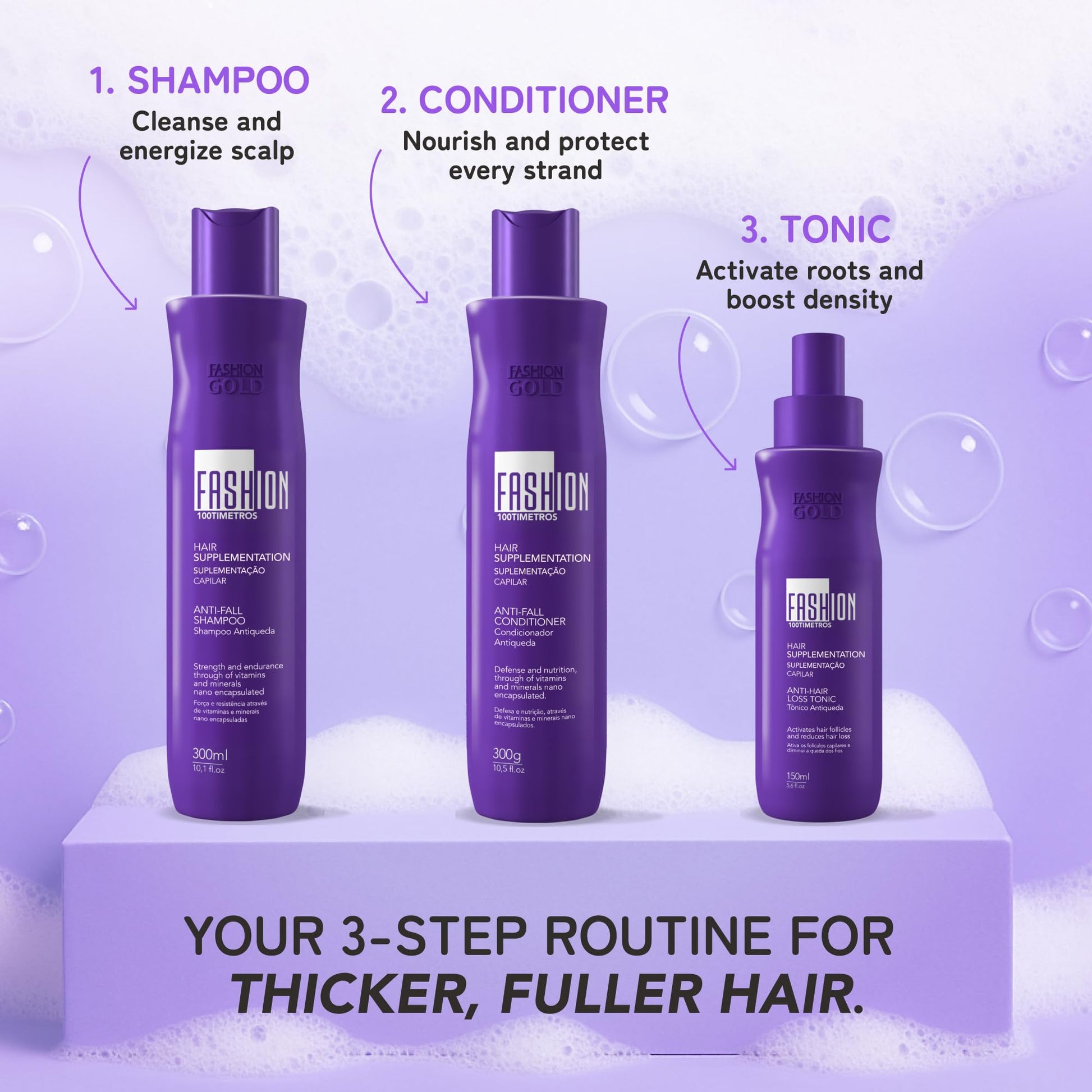Texture shot of the anti shedding shampoo and conditioner from the Fashion Gold range