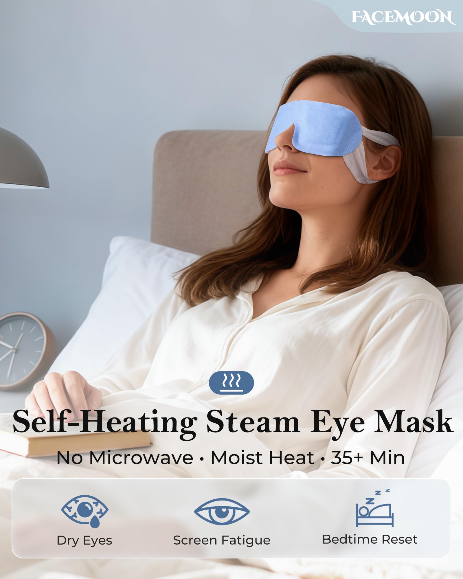Self heating warm compress eye mask unfolded showing the soft non woven fabric and ear loops