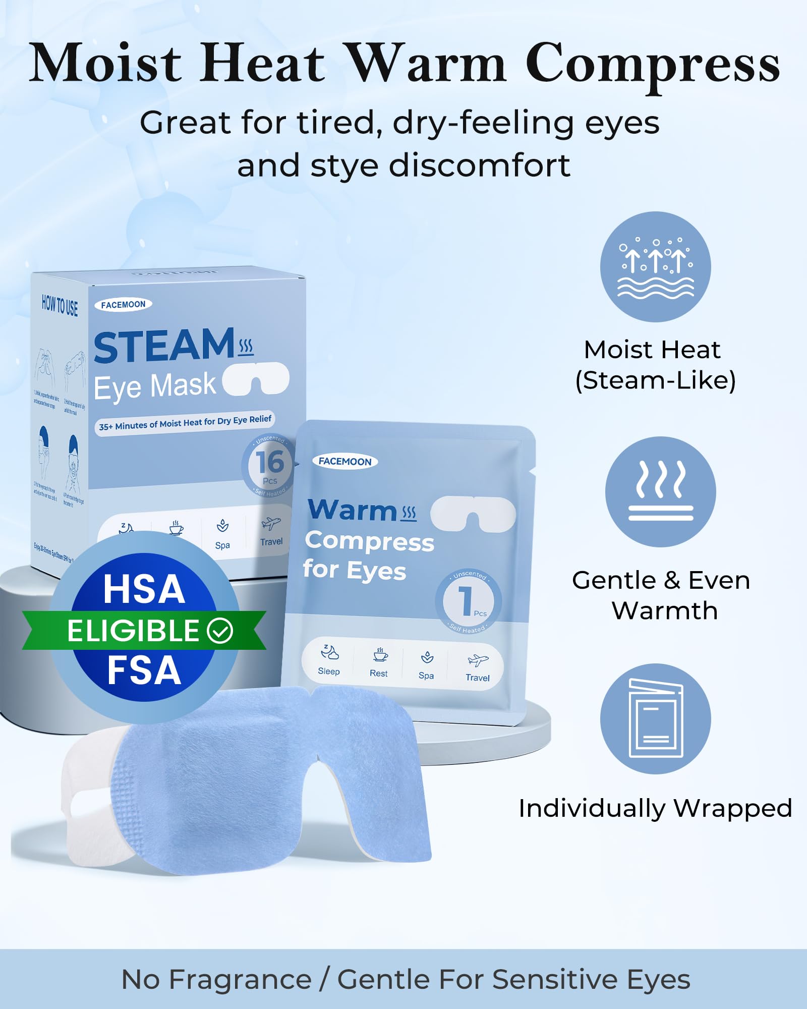 Individually wrapped unscented disposable eye masks arranged to highlight travel friendly design