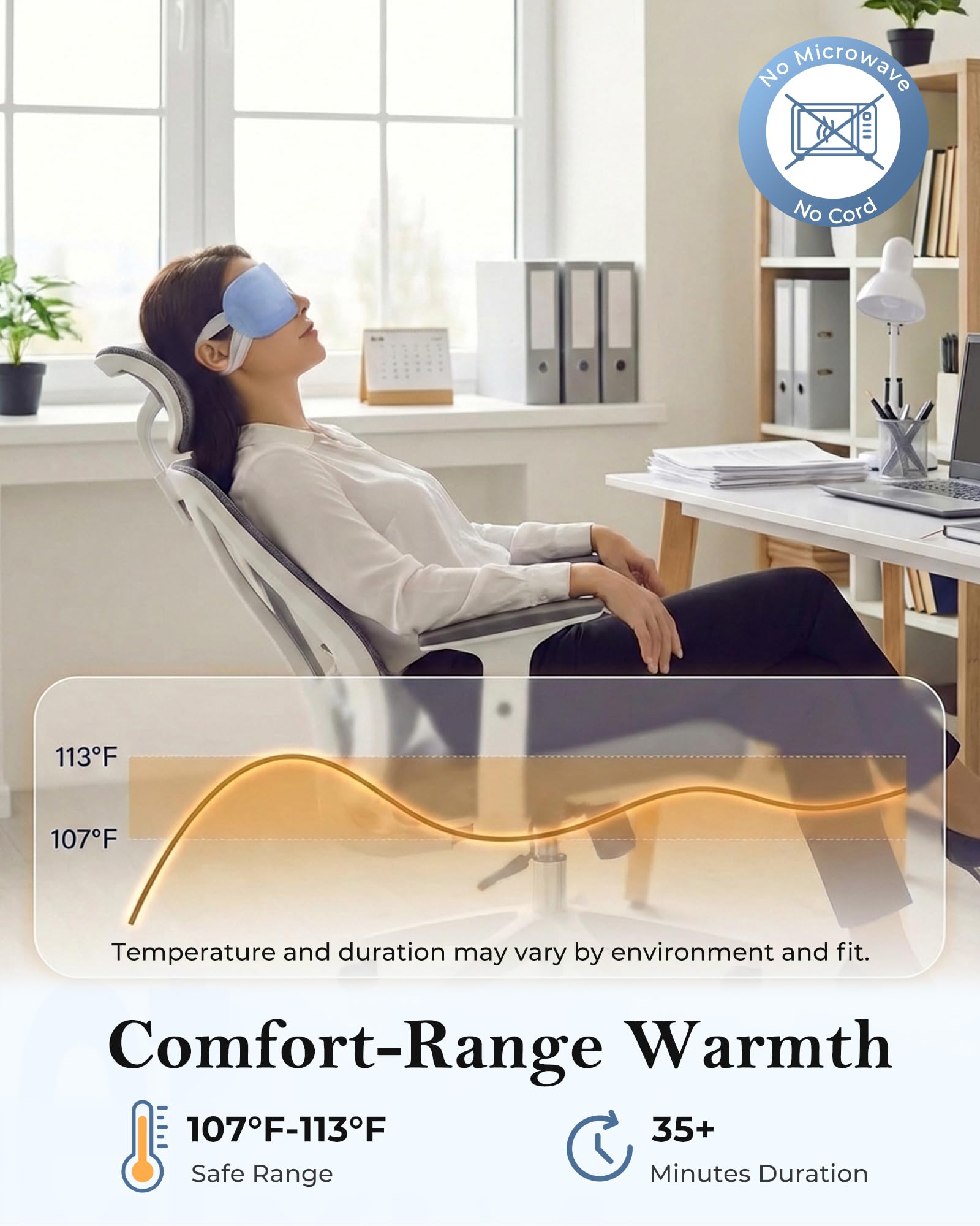 Ergonomic U shaped nose bridge design on the heated eye cover for secure fit