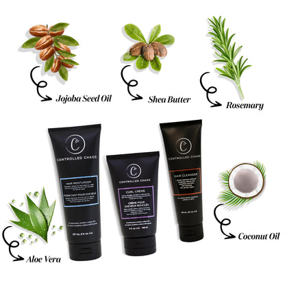 Sulfate free Controlled Chaos curly hair routine set for anti frizz and curl definition.