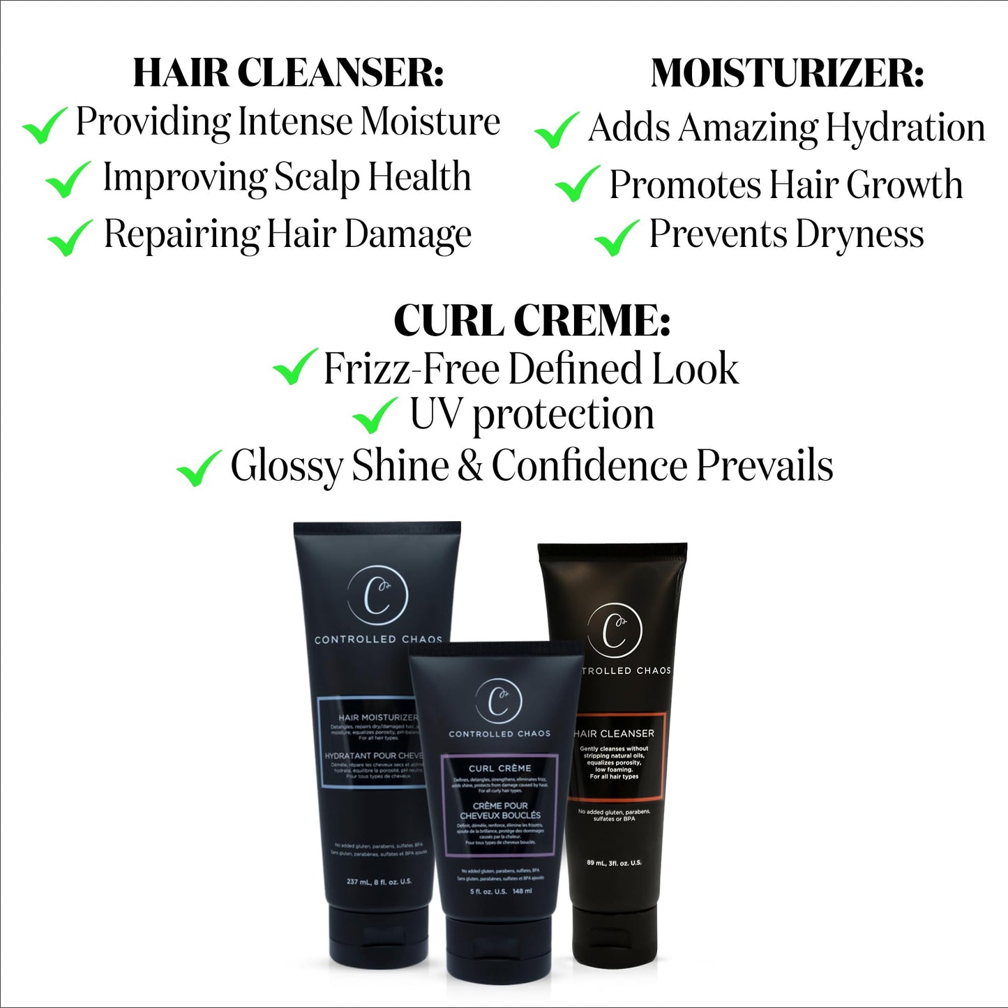 Controlled Chaos curl defining cream alongside hydrating shampoo and cleansing conditioner.