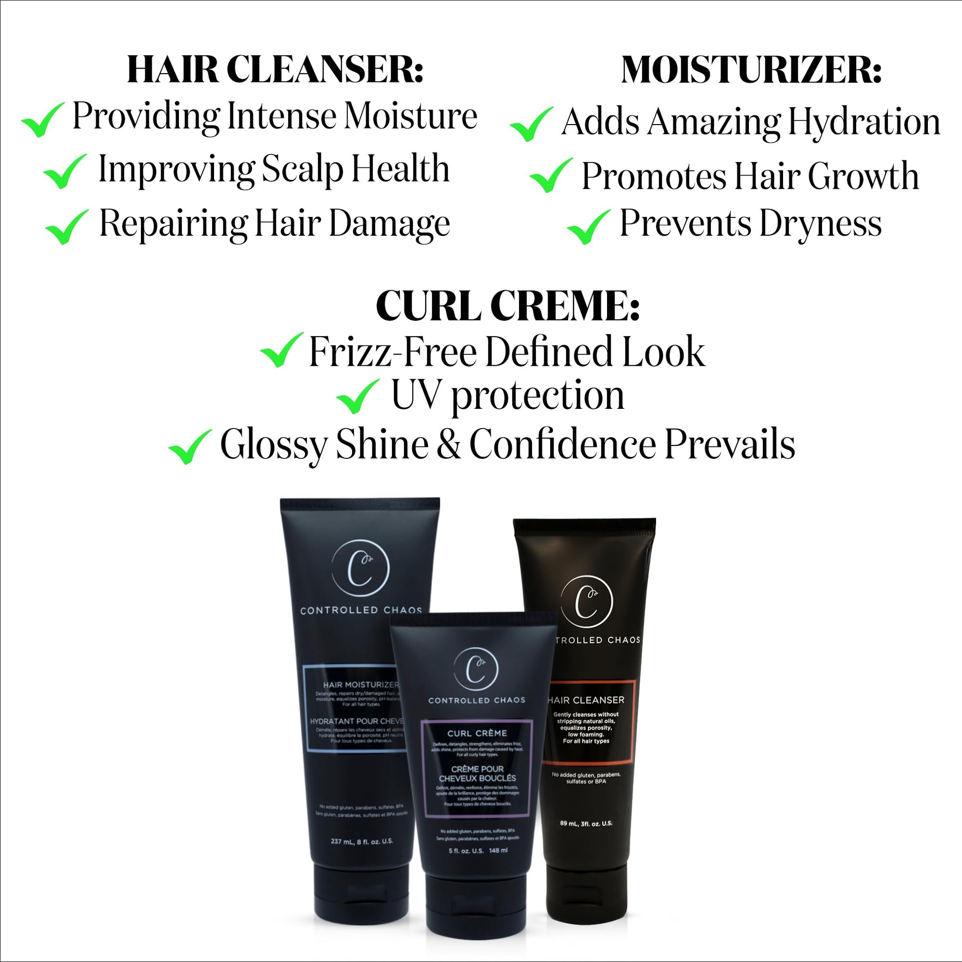 Controlled Chaos curl defining cream alongside hydrating shampoo and cleansing conditioner.