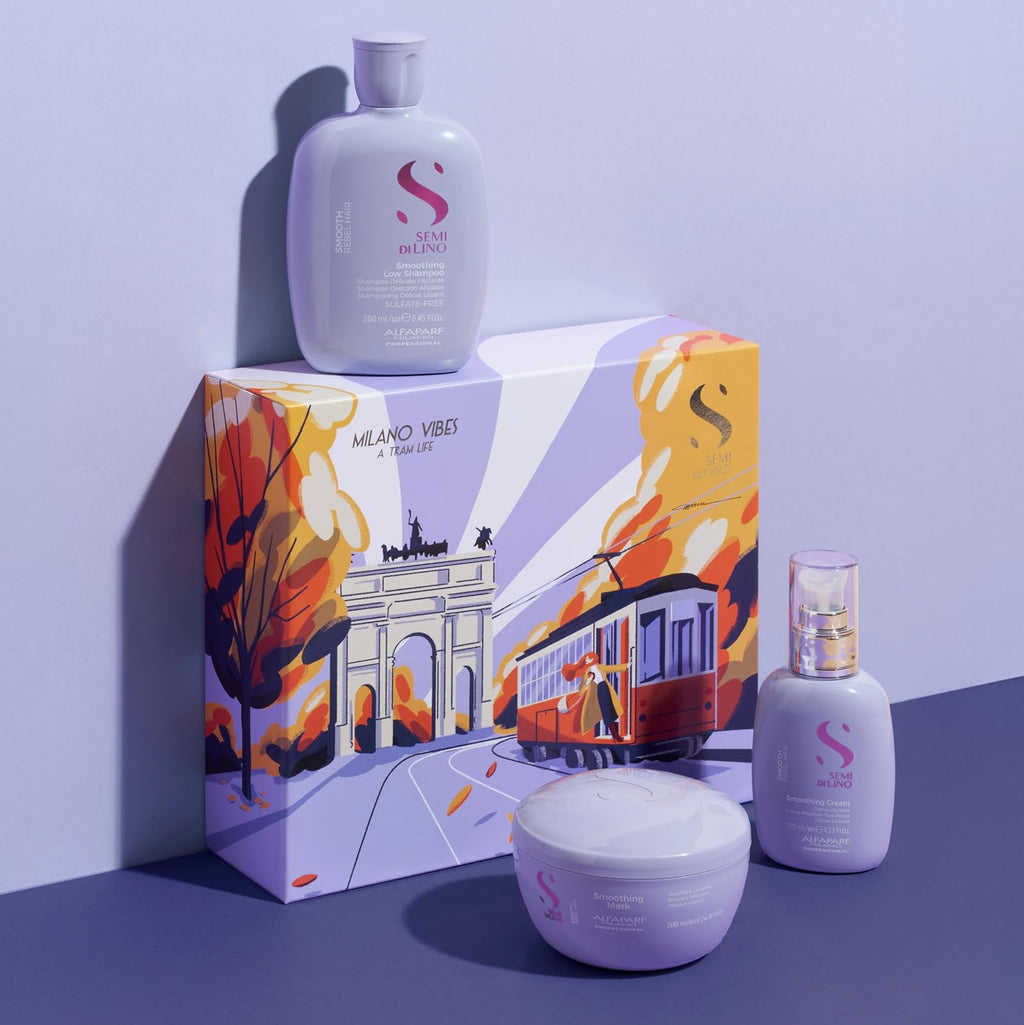 Alfaparf Milano Smoothing Low Shampoo bottle in purple packaging