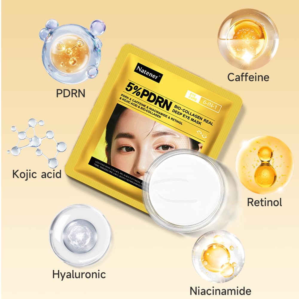 Premium yellow hydrogel eye mask with caffeine and retinol applied under the eye