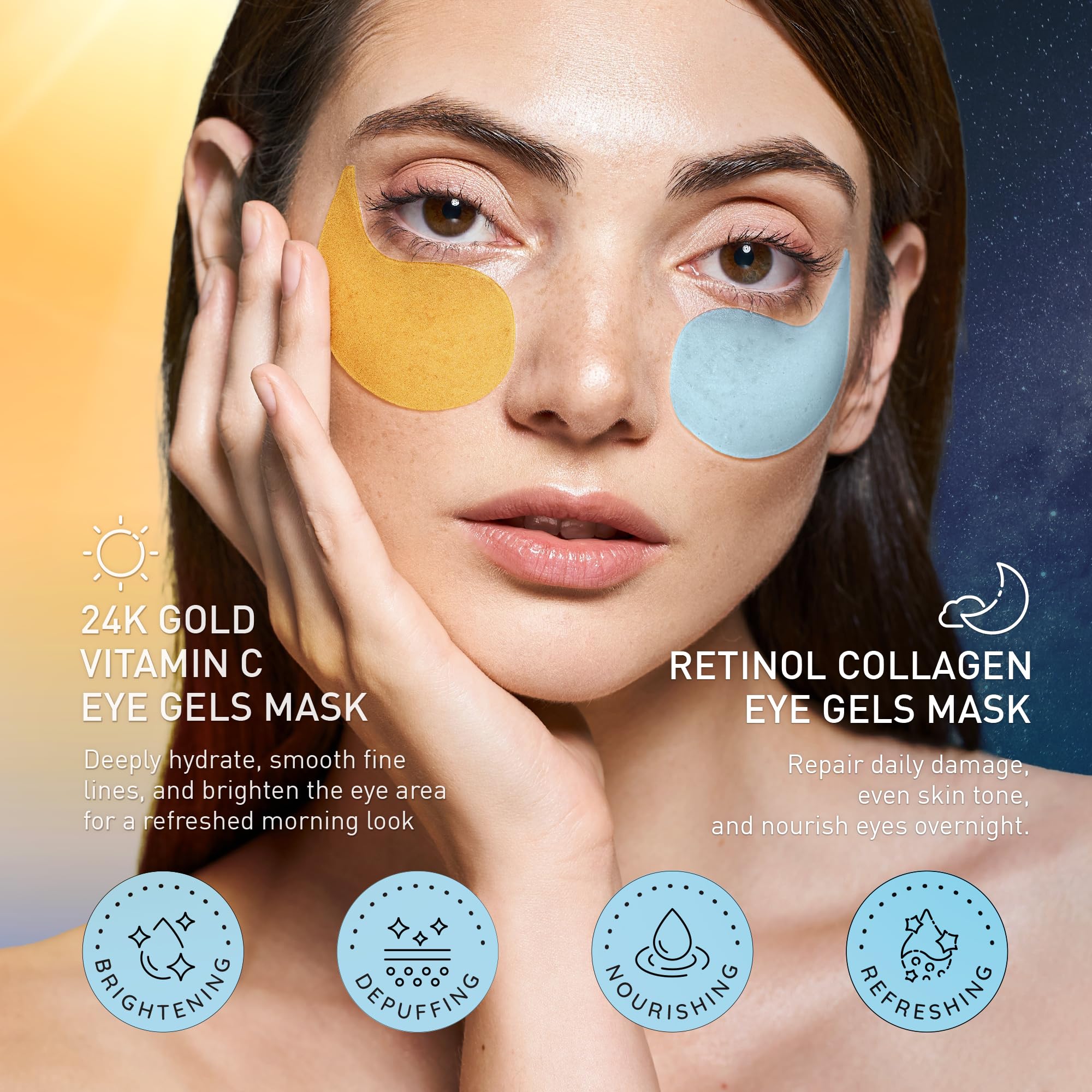 Yellow daytime golden gel eye masks for brightening dark circles and reducing puffiness.