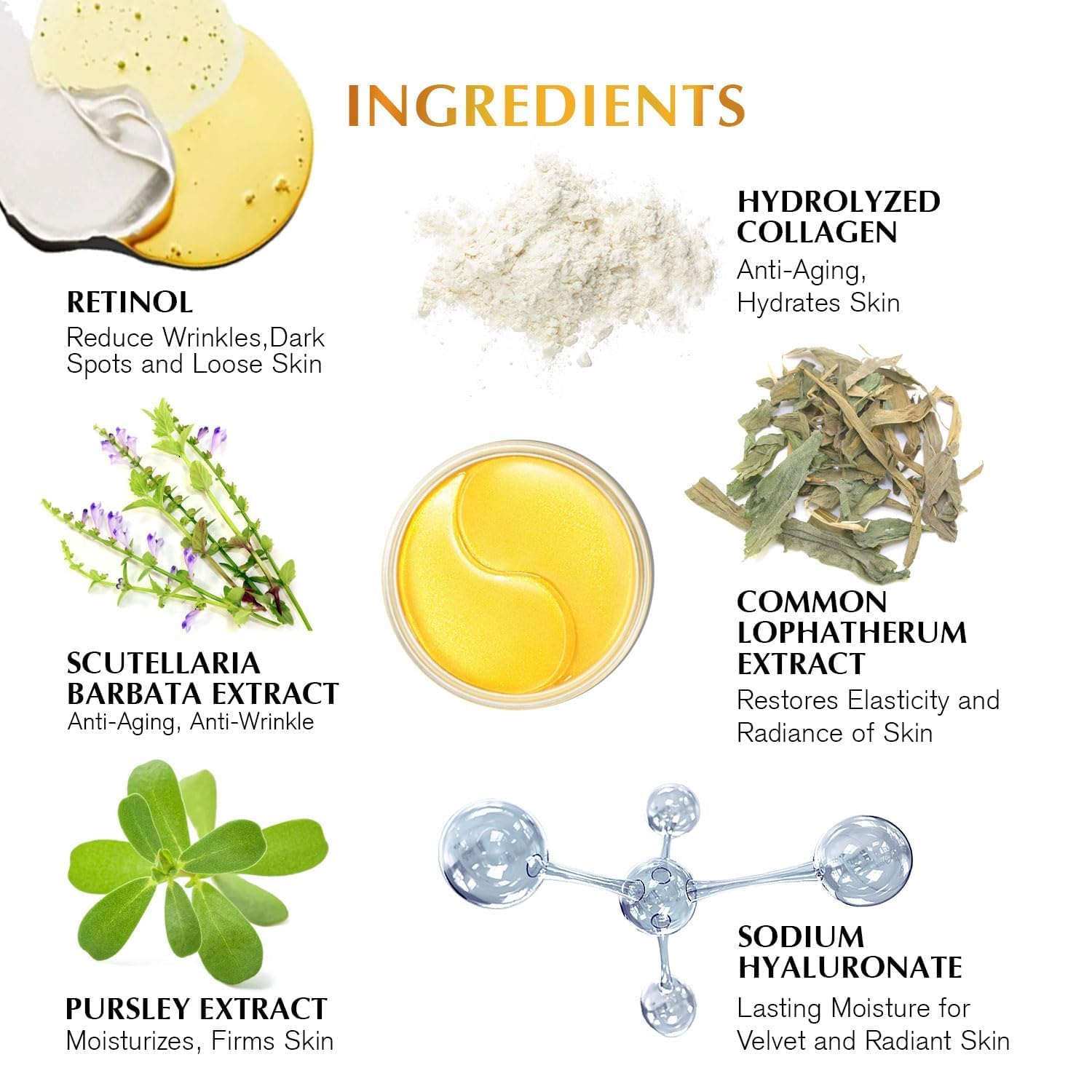 Infographic showing key ingredients including niacinamide, collagen, hyaluronic acid, and vitamin C.