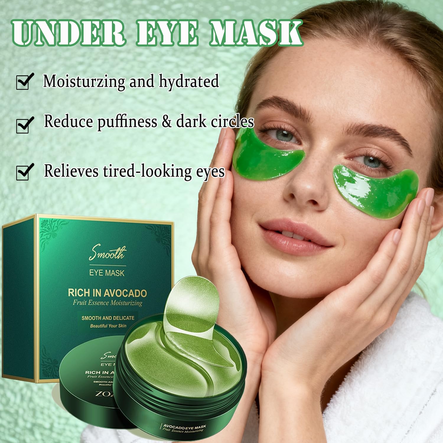Hydrogel green avocado under eye patches being applied with the included hygienic spatula