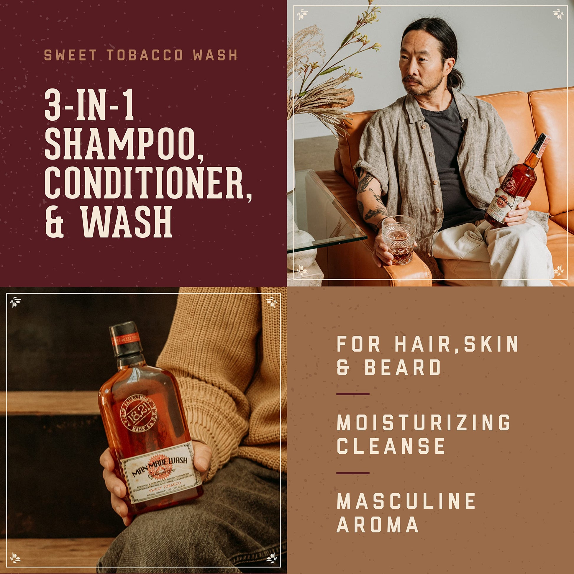 18.21 Man Made Sweet Tobacco 3 in 1 shampoo conditioner body wash bottle display