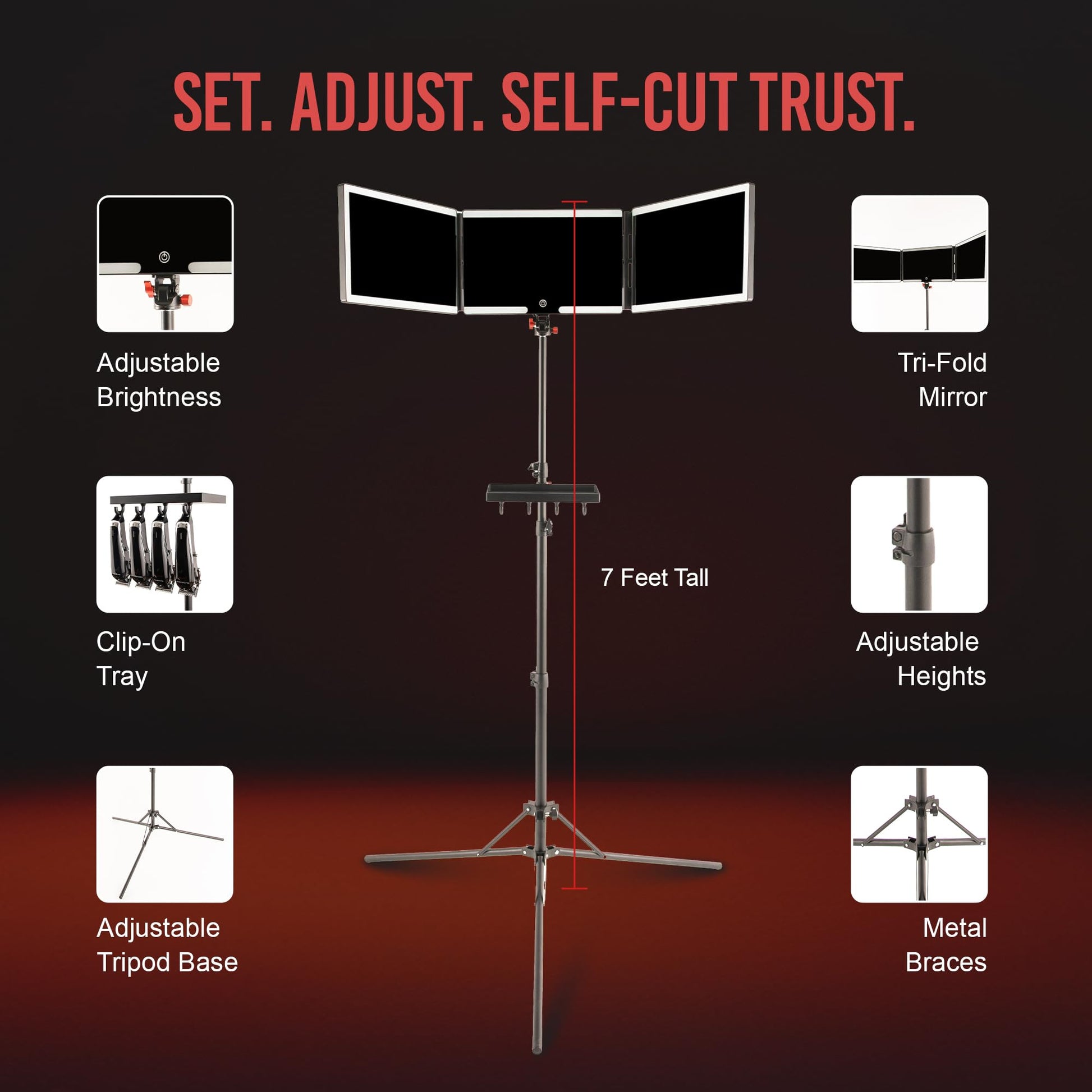 Self-Cut System trifold barber mirror extended fully on its height adjustable stand