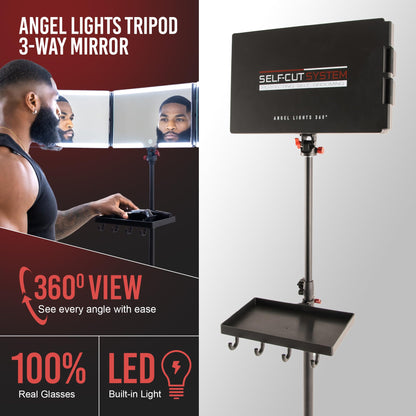 Self-Cut System Angel Lights Mirror setup on tripod on a flat surface for self haircutting