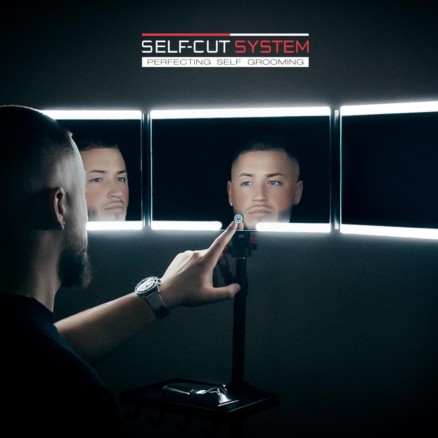 Real glass distortion free panels of the Self-Cut System mirror showing back angle views