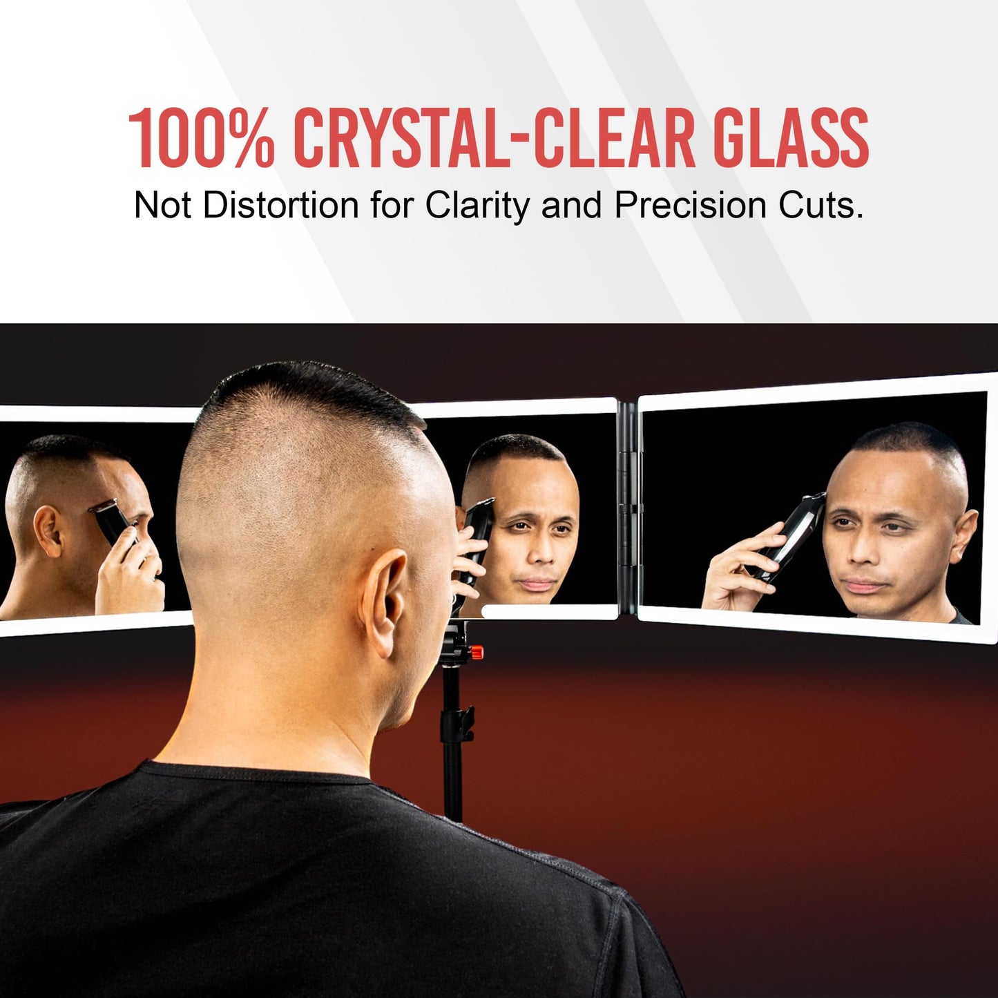 Dimmable LED lights active on the Self-Cut System Angel Lights grooming mirror
