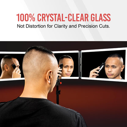 Dimmable LED lights active on the Self-Cut System Angel Lights grooming mirror