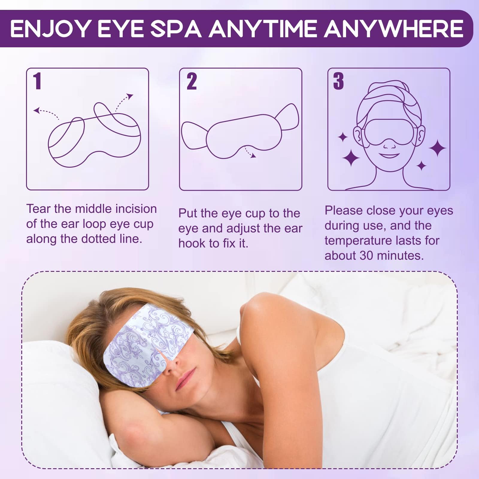 Lavender scented warm compress mask applied on closed eyes for sleep relaxation