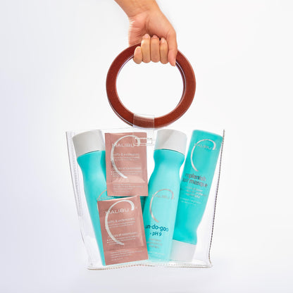 Malibu C hair extensions kit components on a white background for premium care