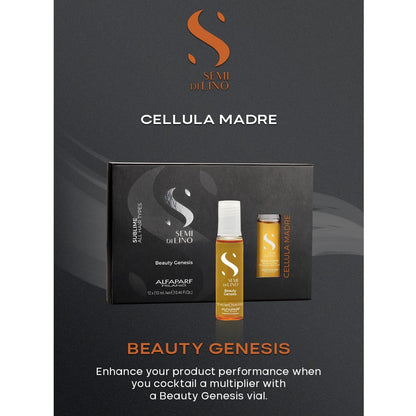 Two part Alfaparf Semi di Lino hair care routine displaying vials and multiplier concentrate together