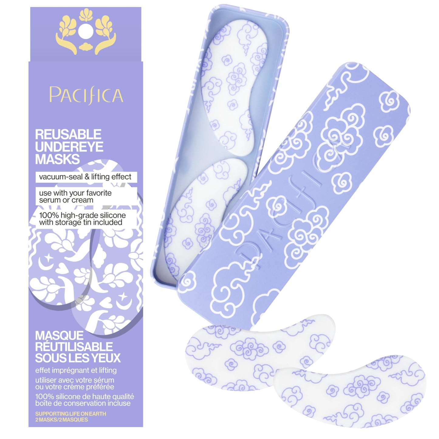 Educational graphic showing how to use Pacifica eye masks with serum