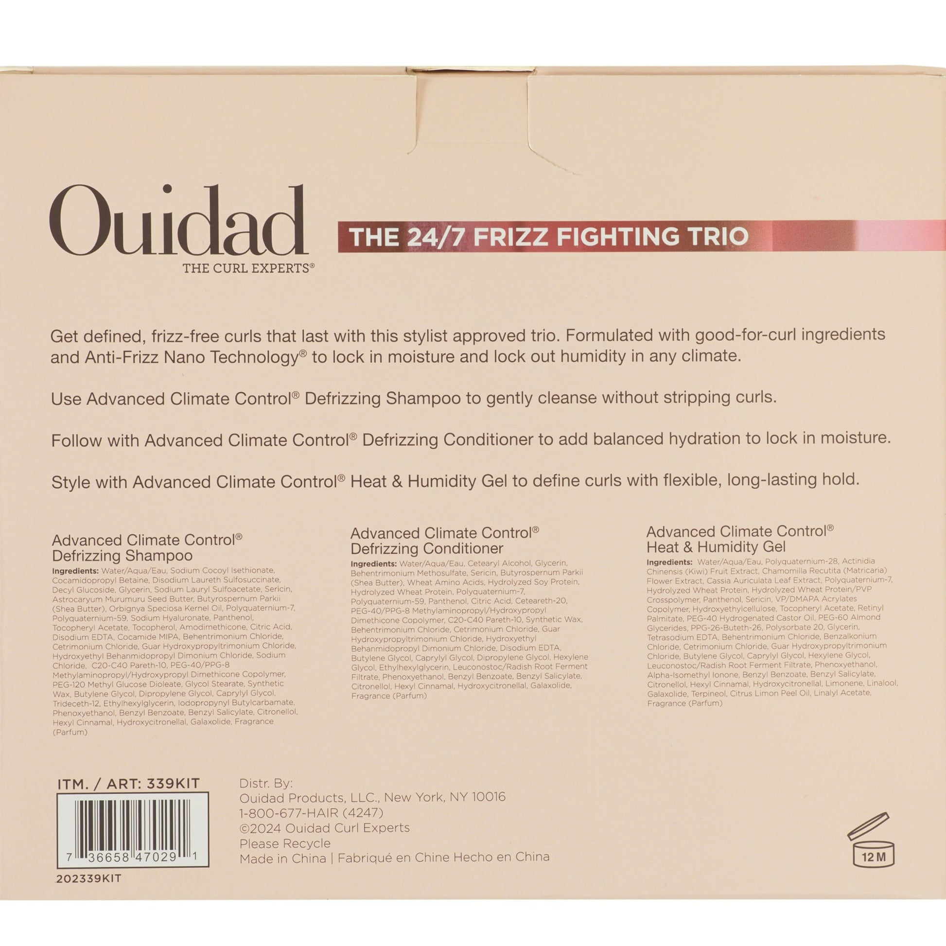 Ouidad curly hair shampoo conditioner and gel bottles for anti frizz care