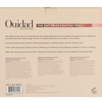 Ouidad curly hair shampoo conditioner and gel bottles for anti frizz care