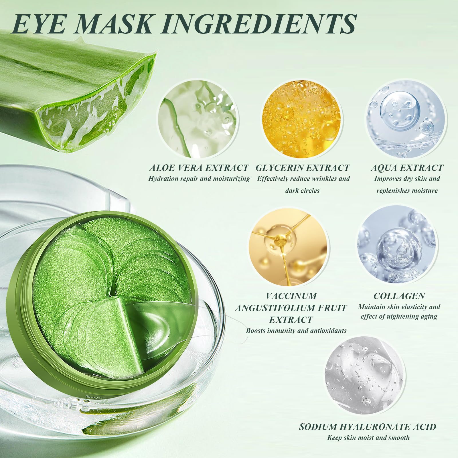 Close up of the 60 pieces aloe vera cooling eye mask patches container showing product details.